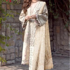 Elaf Slub Linen Suit with Velvet Shawl - Off White