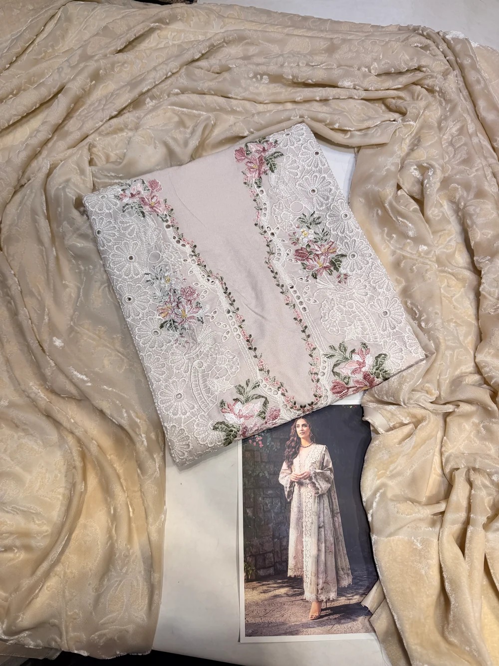 Elaf Slub Linen Suit with Velvet Shawl - Off White - Image 2