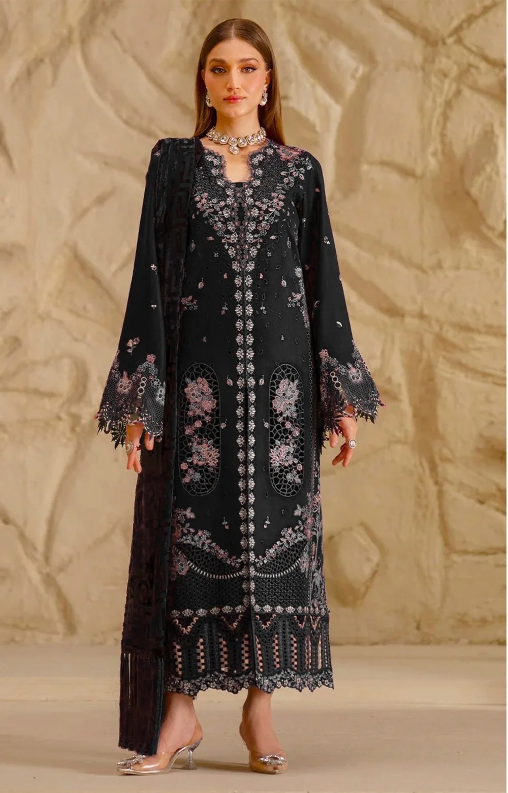 Bin Ilyas Black Linen Suit with Velvet Shawl