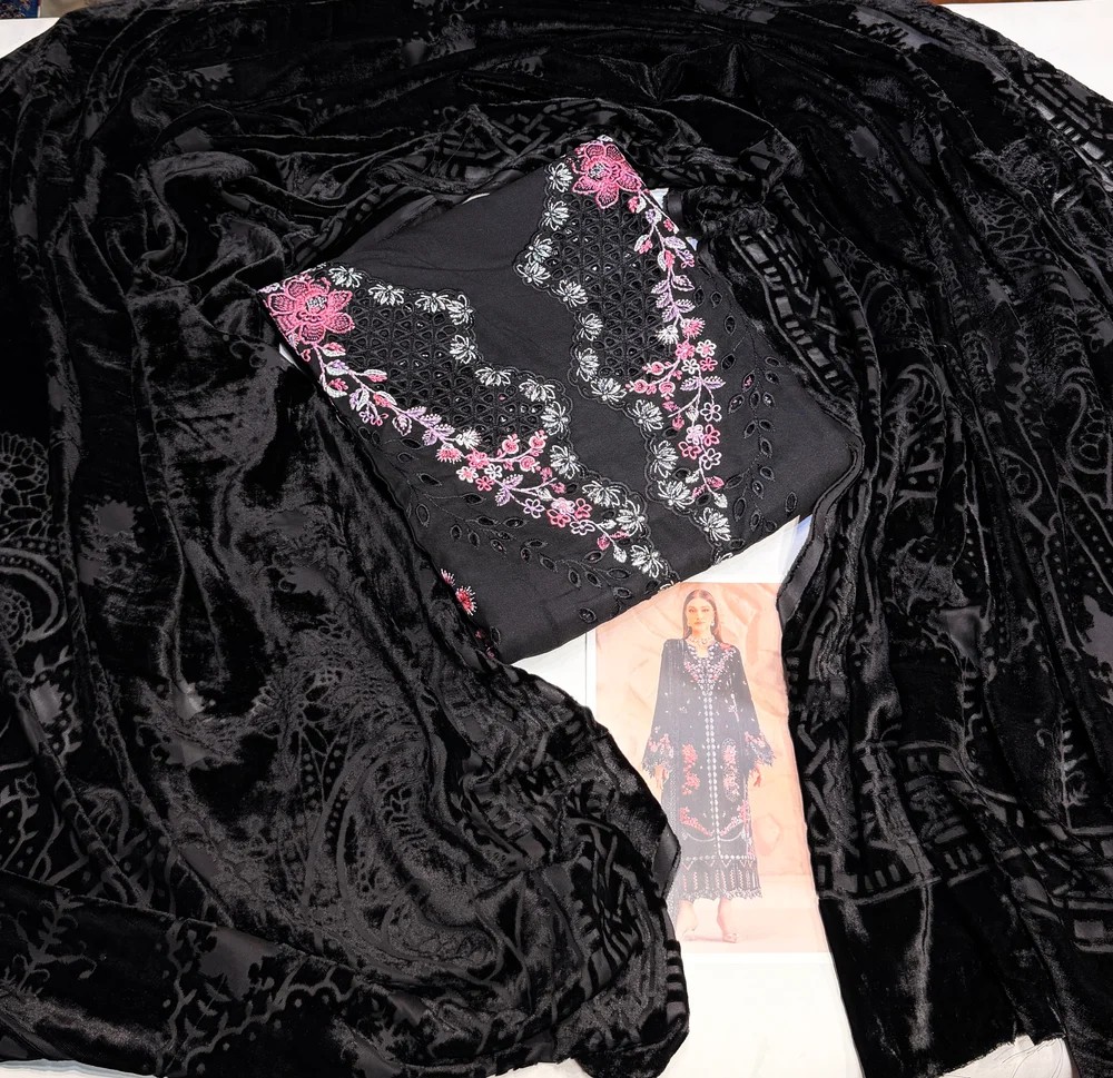 Bin Ilyas Black Linen Suit with Velvet Shawl - Image 2