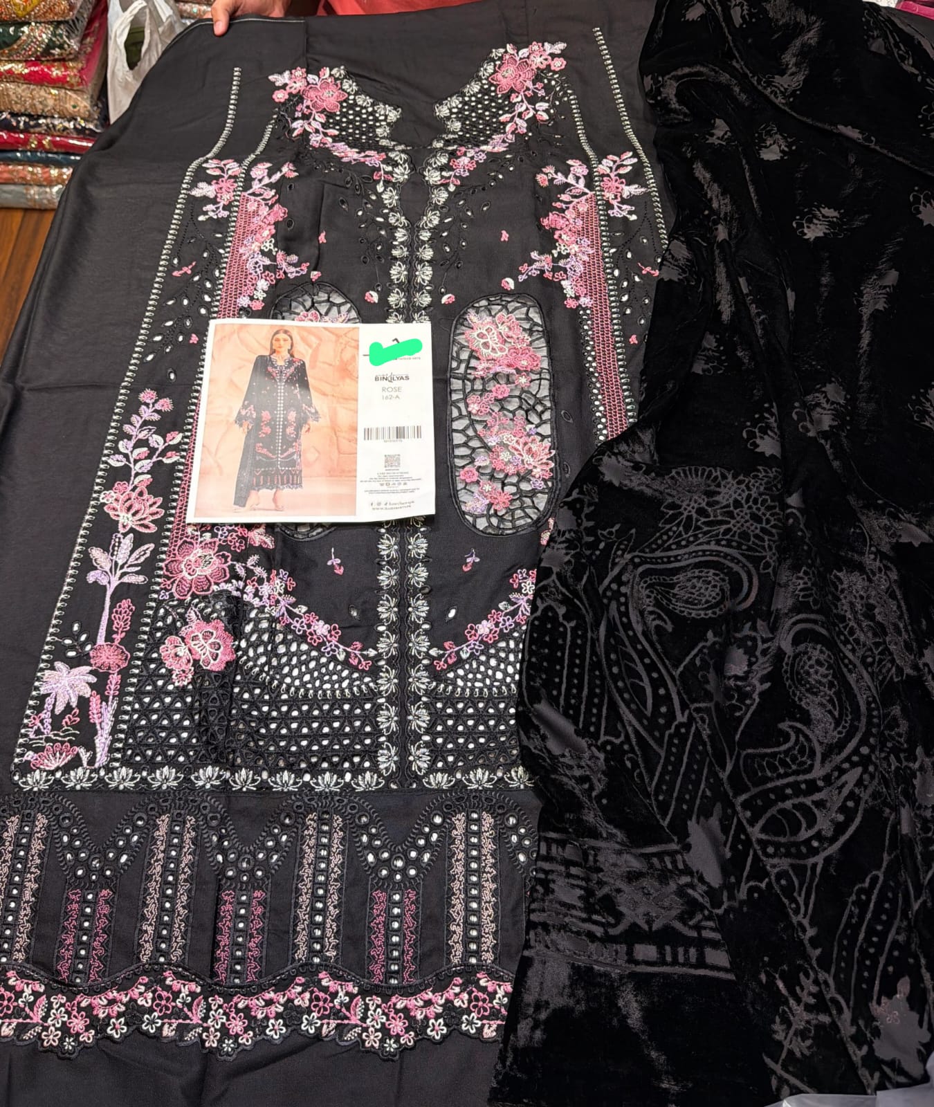 Bin Ilyas Black Linen Suit with Velvet Shawl - Image 3