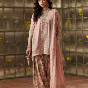 Coral Embroidered Viscose Suit with Floral Shalwar