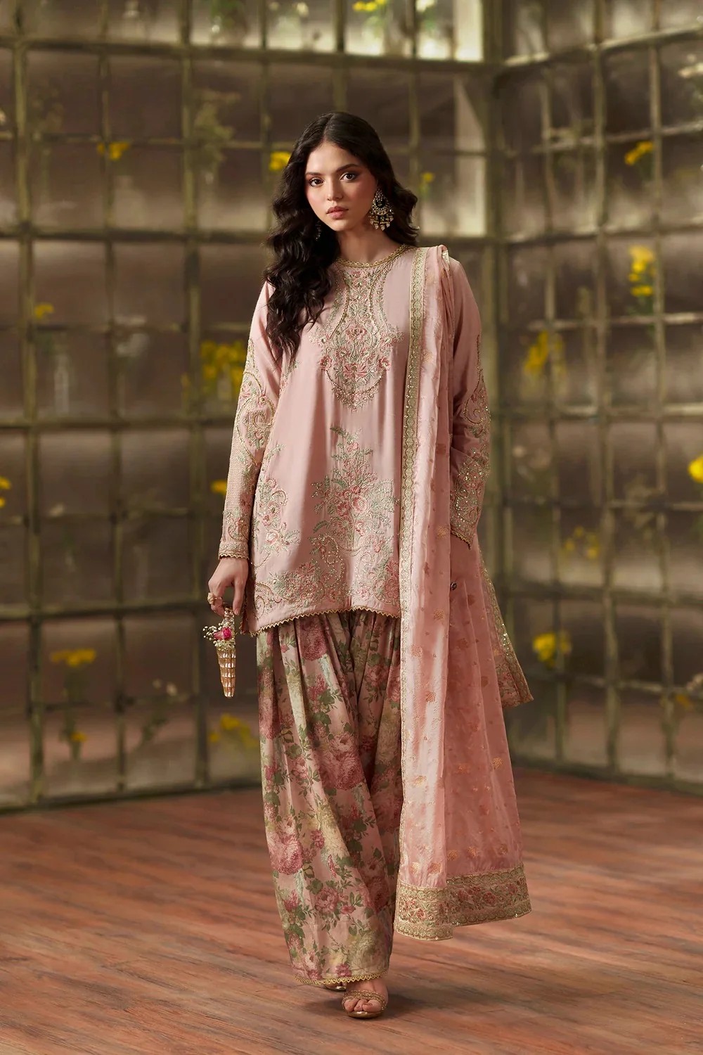 Coral Embroidered Viscose Suit with Floral Shalwar