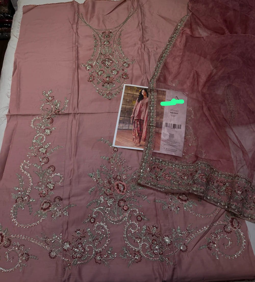 Coral Embroidered Viscose Suit with Floral Shalwar - Image 2