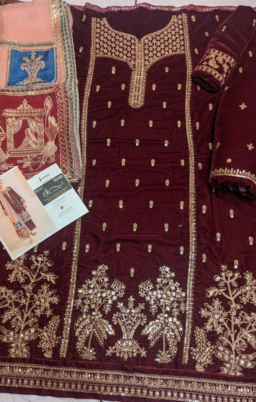 Jazmin Velvet Winter Embroidered Suit with Contrasting Dupatta