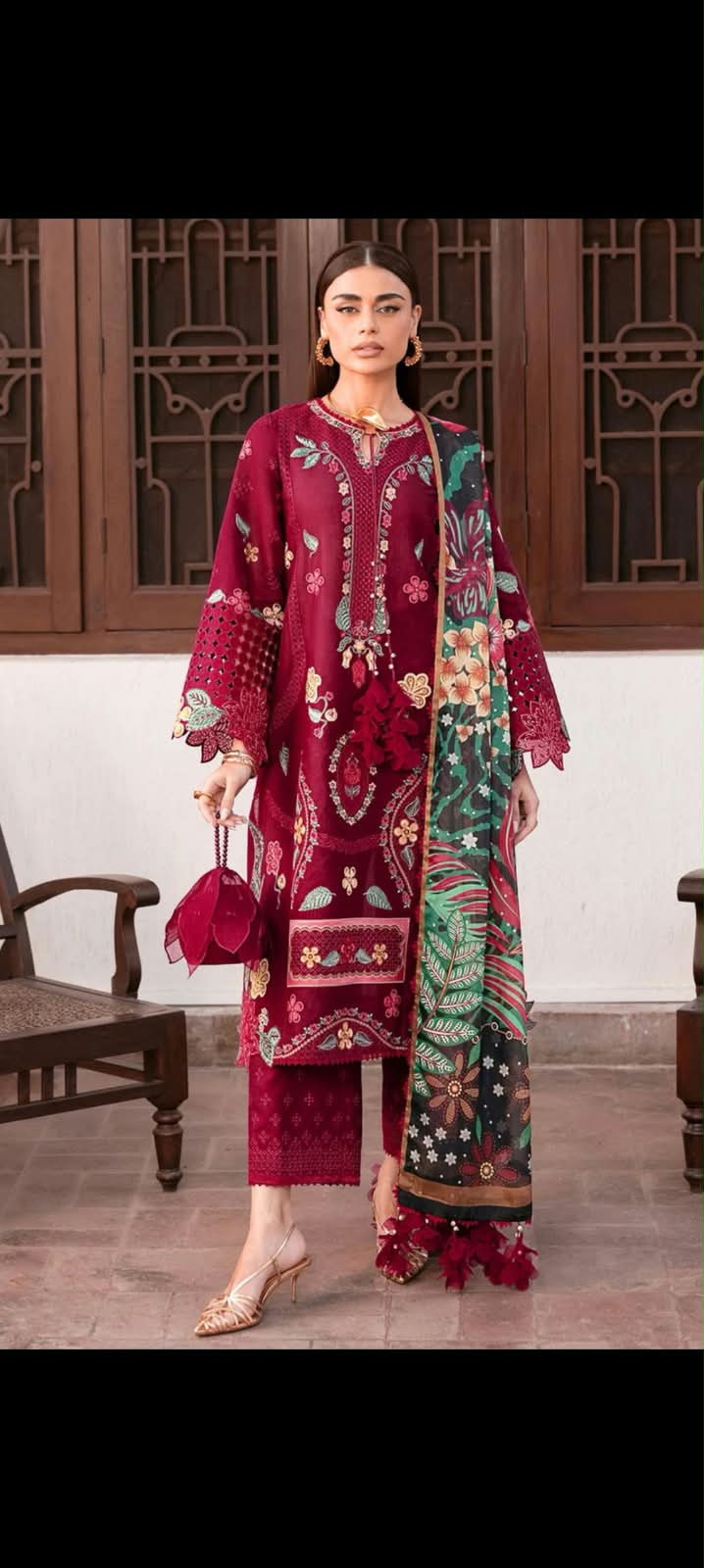 Designer Maroon Embroidered Winter Suit with Printed Dupatta