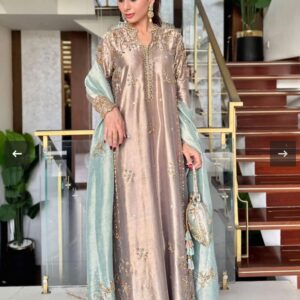 Festive Silk Embroidered Suit with Contrast Shawl